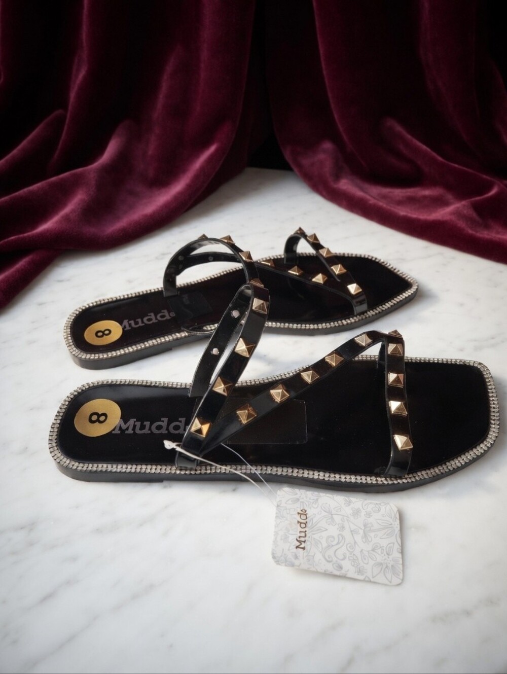 Size 8 Mudd Black Studded Sandals - Rhinestone Trim Pyramid Jelly Flats